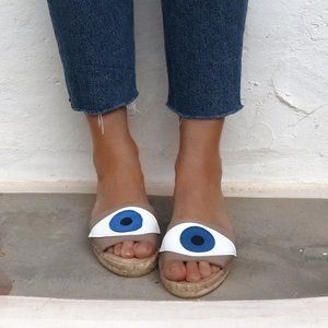MASLINDA Evil Eye Espadrilles Slides in Beige